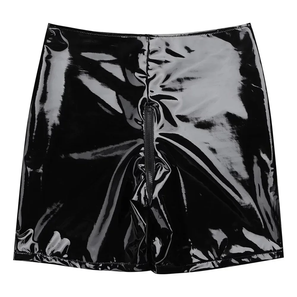 Women's Pole Dance Rave Shorts Faux Leather Short Pants Rave Clothing Zipper Open Crotch Leather Tight Pant Sexy Festival Shorts