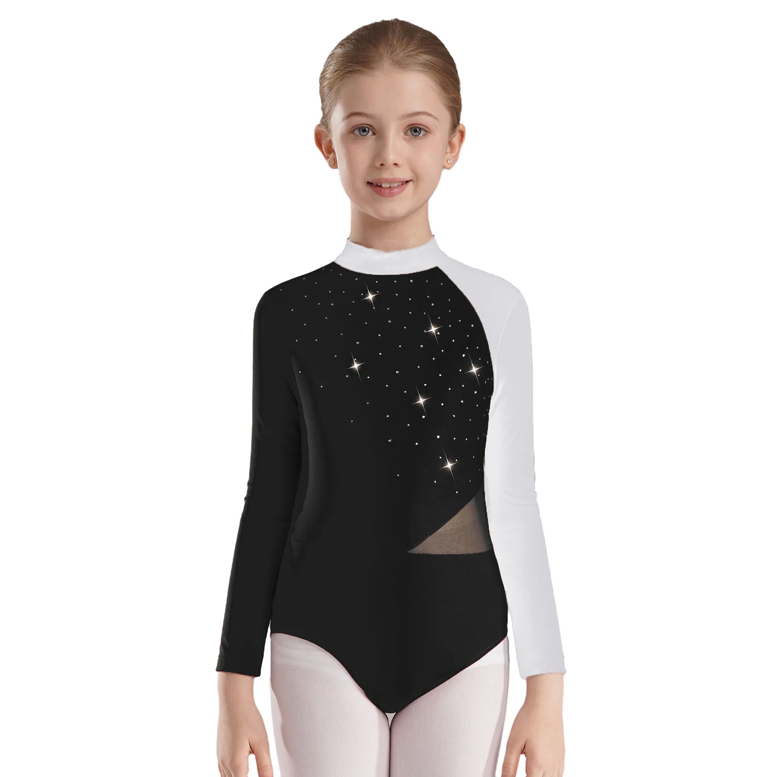 Kids Girls Cutout Back Color Block Rhinestones Gymnastics Leotard Costume Breathable Long Sleeve Bodysuit for Competition
