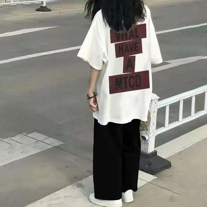 

Suit women summer style loose and versatile Harajuku style short-sleeved T-shirt + casual wide leg pants two piece trendy set