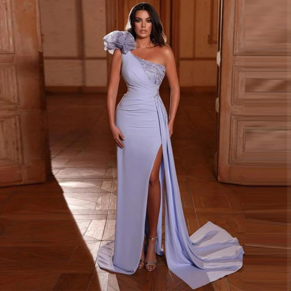 

Flechazo One Shoulder Sleeveless Evening Dress Sheath Floor Length Sexy Side Slit with Sweep Train Women Gowns for Party Banquet