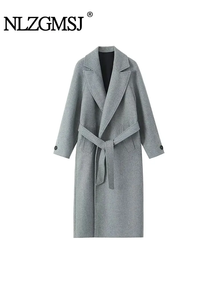 

Nlzgmsj TRAF 2024 Women Woolen Long Jacket Coats Fashion Long Sleeve With Belt Vintage Autumn Winter Casual Elegant Warm Tops