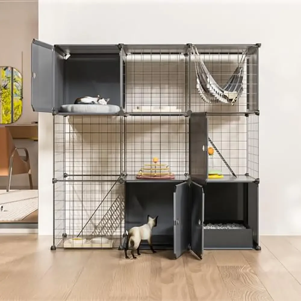 3-Tier Cat Enclosure Playpen House Metal Cage Kennel Litter Box Cradle Toy Pad Crate Medium Kit Kit