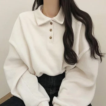 Lucyever Fall Winter Ribbed Pullovers Women Casual Simple Preppy Style Student Turndown Collar Sweater Korean Button-up Blouses