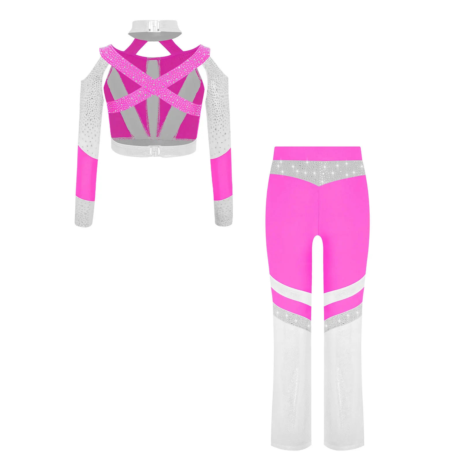 Kinder Mädchen Rhythmische Gymnastik Akrobatik Eiskunstlauf Ballett Jazz Tanzkostüm Glänzendes Strass-Crop-Top mit Schlaghose – Detail 8