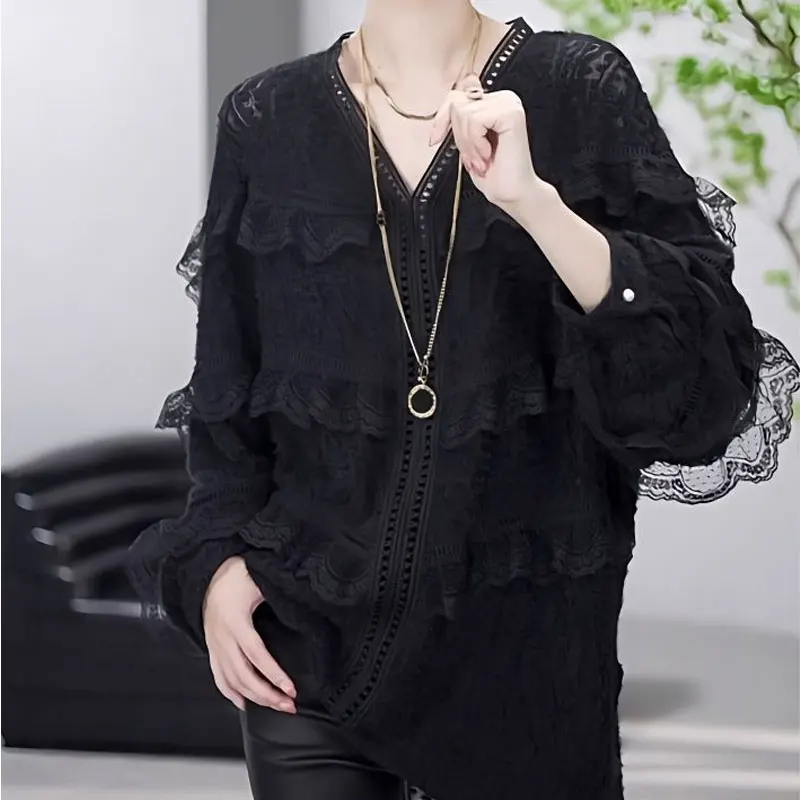 

Stylish Hollow Out Lace Spliced Shirt Female Clothing Commute Loose Spring Summer Casual V-Neck Korean Long Sleeve Blouse 2023