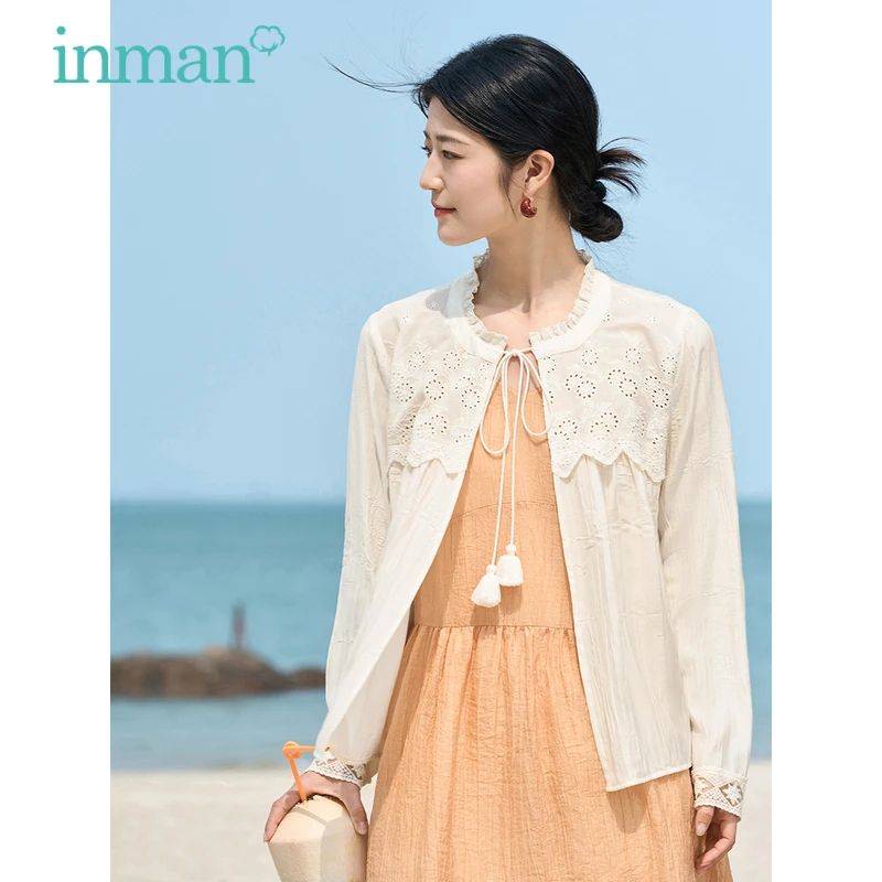 

INMAN Women Blouse 2023 Summer Long Sleeve Lace up Collar Loose Shirts Hollow Embroidery Tassel Decoration Versatile Outwear