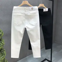 High-Quality Korean Street Men's Slim Jeans for Spring and Autumn with Denim Fabric and Casual Solid White Black Punk Trousers