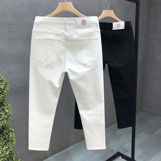 Jeans slim de rue coréenne pour hommes, tissu denim, décontracté, monochromatique, blanc, noir, punk, fjk, printemps, automne, haute qualité 1