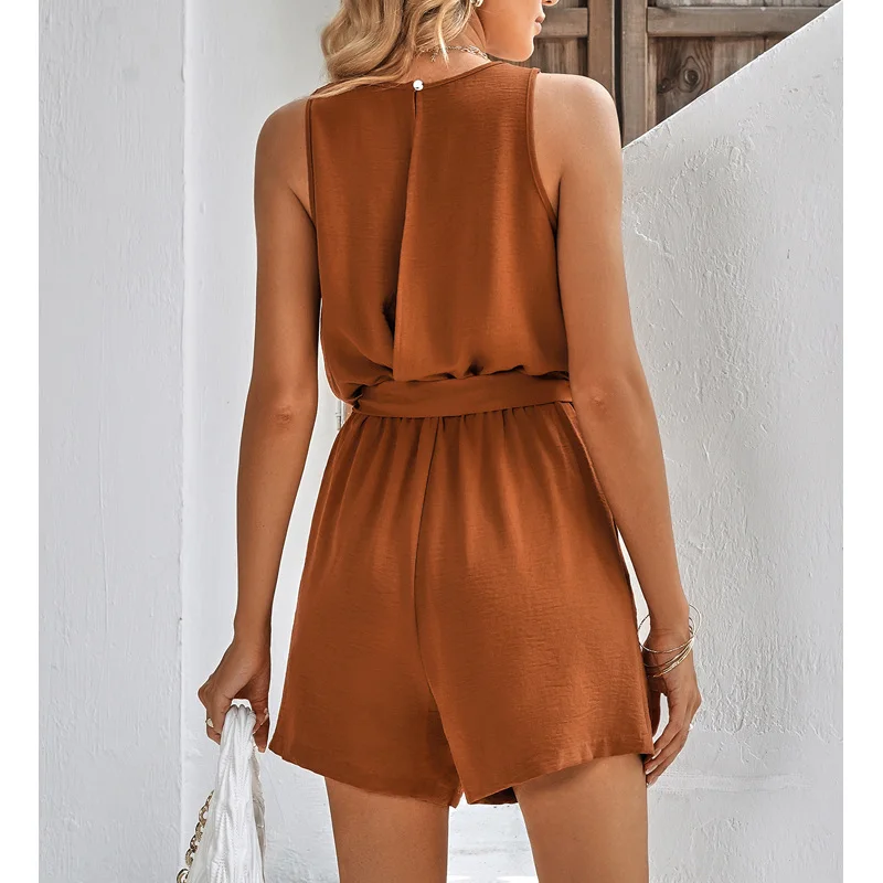 Women's Summer Fashion Sexy Hollow Lace Patchwork Bandage Elegant Jumpsuit Casual V-neck Sleeveless Playsuit Beach Romper Shorts