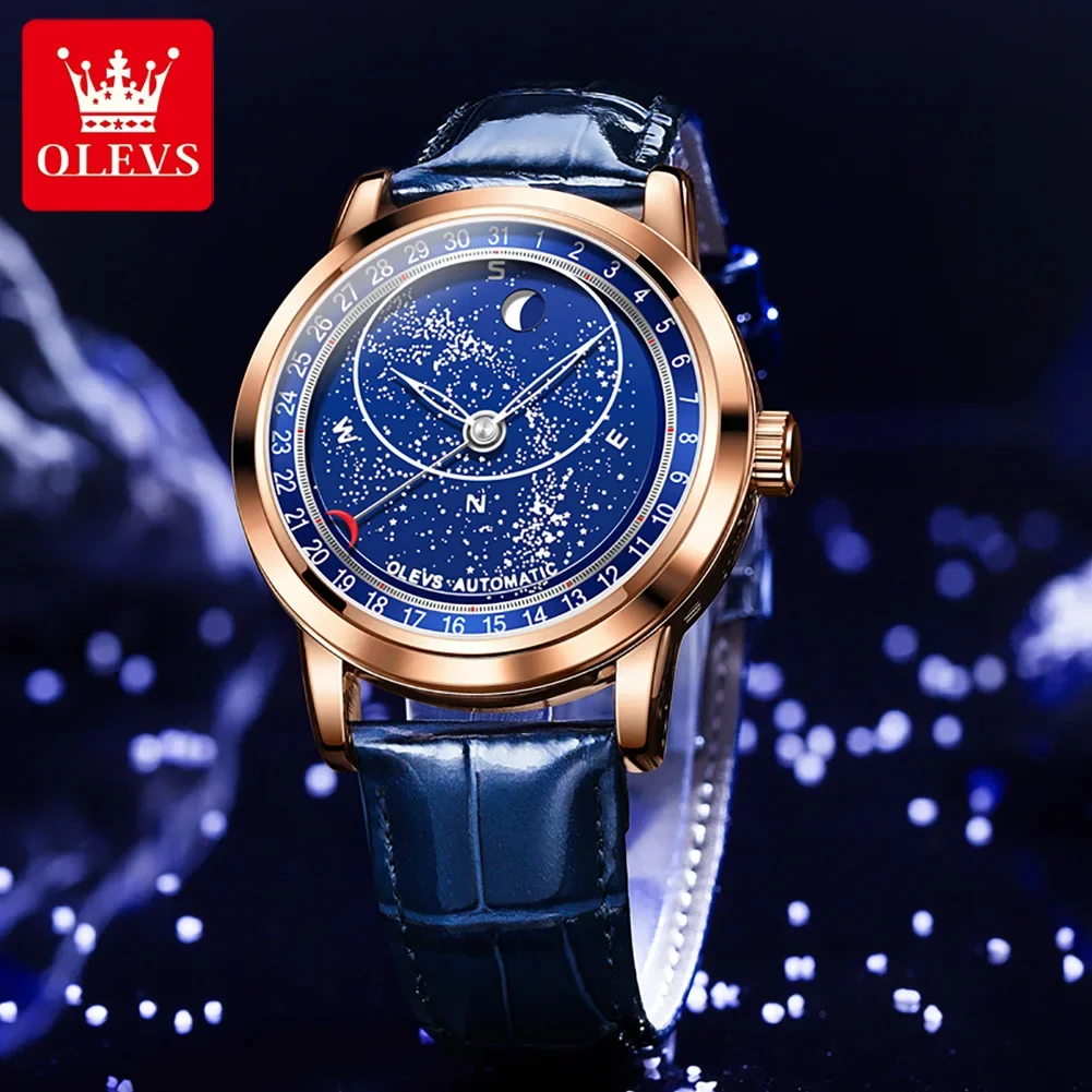 OLEVS 9923 New Automatic Mechanical Watch for Men Big Dial Rotating Second Wristwatch Luminous Star Moonswatch Hombres Mecanico