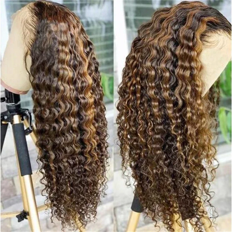 

Natural Hairline Ombre Honey Blonde Soft Preplucked Glueless 180Density Long Kinky Curly Lace Front Wig For Women BabyHair Daily