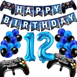 Blue Number 12 Birthday Party Decoration Set with Balloon and Flag Set (Blue)