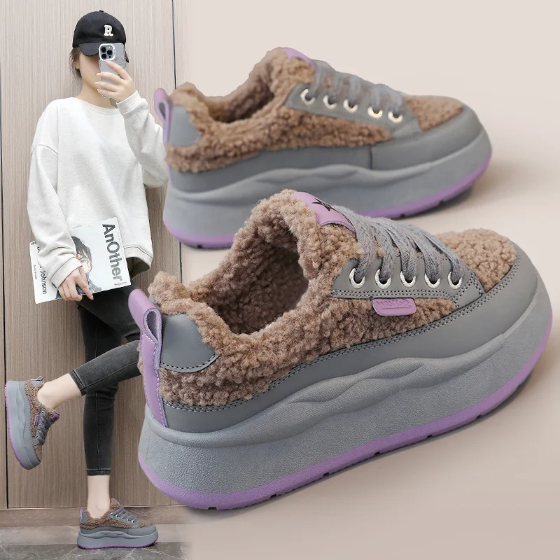 

New winter cotton shoes heightened lamb's wool casual board shoes warm female ins street shooting sports casual shoes