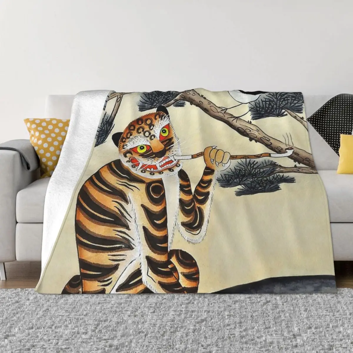 

Korean Minhwa Tiger with Pipe Throw Blanket Winter beds Softest Decorative Sofa Cute Plaid Blankets