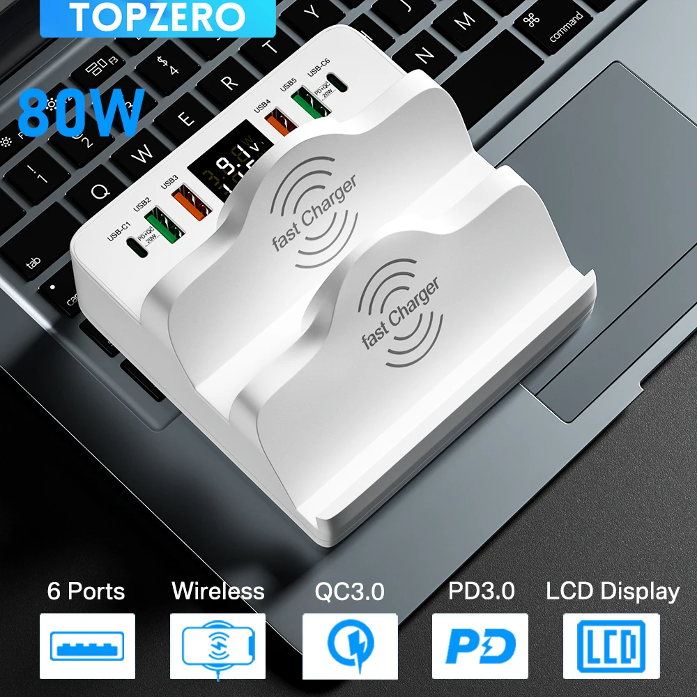 

To 80W Dual Wireless Charger Support QC3.0 Type C PD Fast Charger Multi USB Charger HUB Fast Charging Station For iPhone13 X