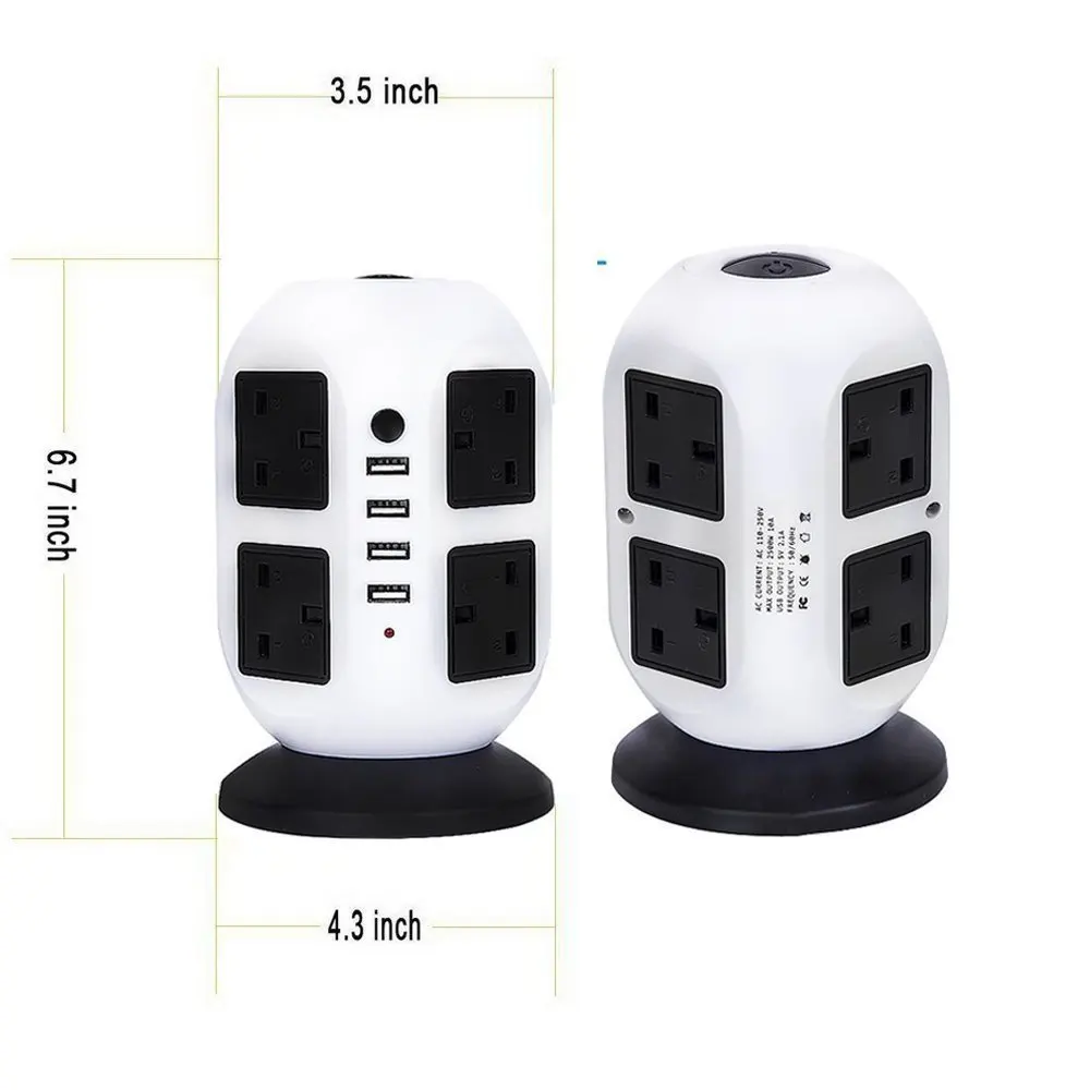 S9dba3901dfe54315ad85e25764e5b6b4u Tower Power Strip Vertical UK Plug Adapter Outlets 8 way AC Multi Electrical Sockets with USB Surge Protector 3m Extension Cord Mallzona