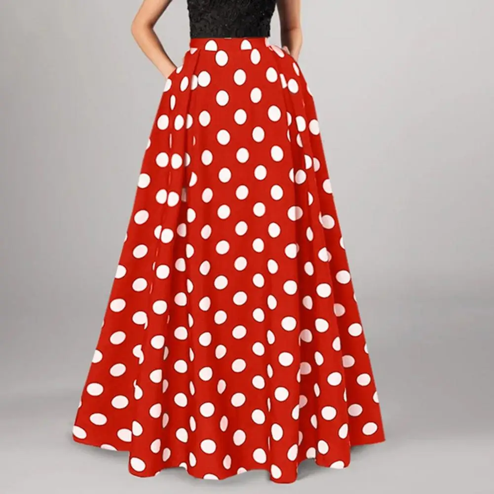 Dot Print Retro A-line Big Hem Skirt Women Maxi Skirt High Waist Side Pockets Loose Full Length Lady Prom Party Long Skirt