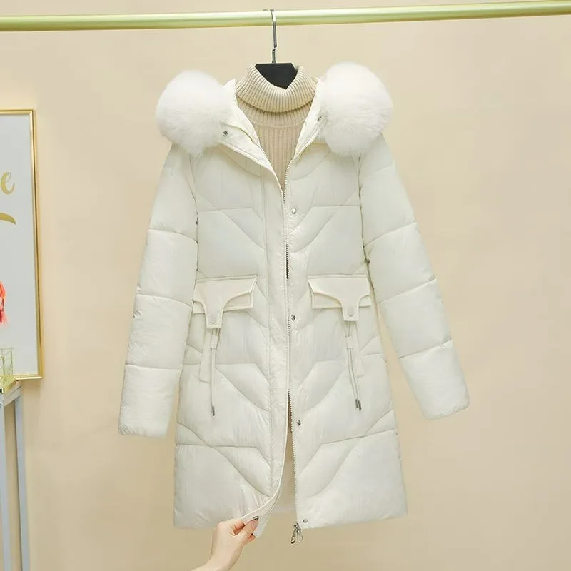 2023 New Women Down Cotton Coat Winter Jacket Mid Length Version Parkas Slim Fit Thick Warm Outwear Hooded Fur Collar Overcoat winter women s cotton coat ladies mid length slim fit korean style thick warmth fashion all match large fur collar female jacket