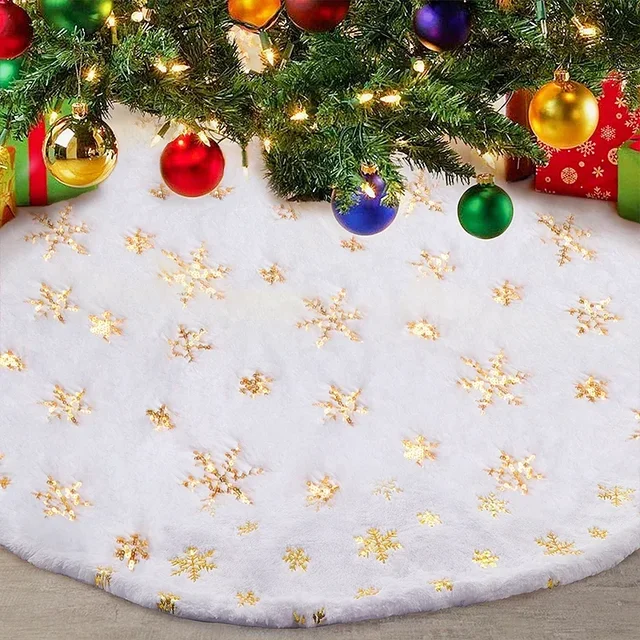 38CM Plush Christmas Tree Skirt White Snowflakes Faux Fur Xmas Trees Skirts Base Cover New Year Navidad Party Decoration Carpet 4