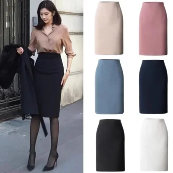 Elegant High Waisted Office Lady Pencil Skirt Korean Fashion Slim Fit Package Hip Midi Skirts Women Solid Color All-match Skirts 1