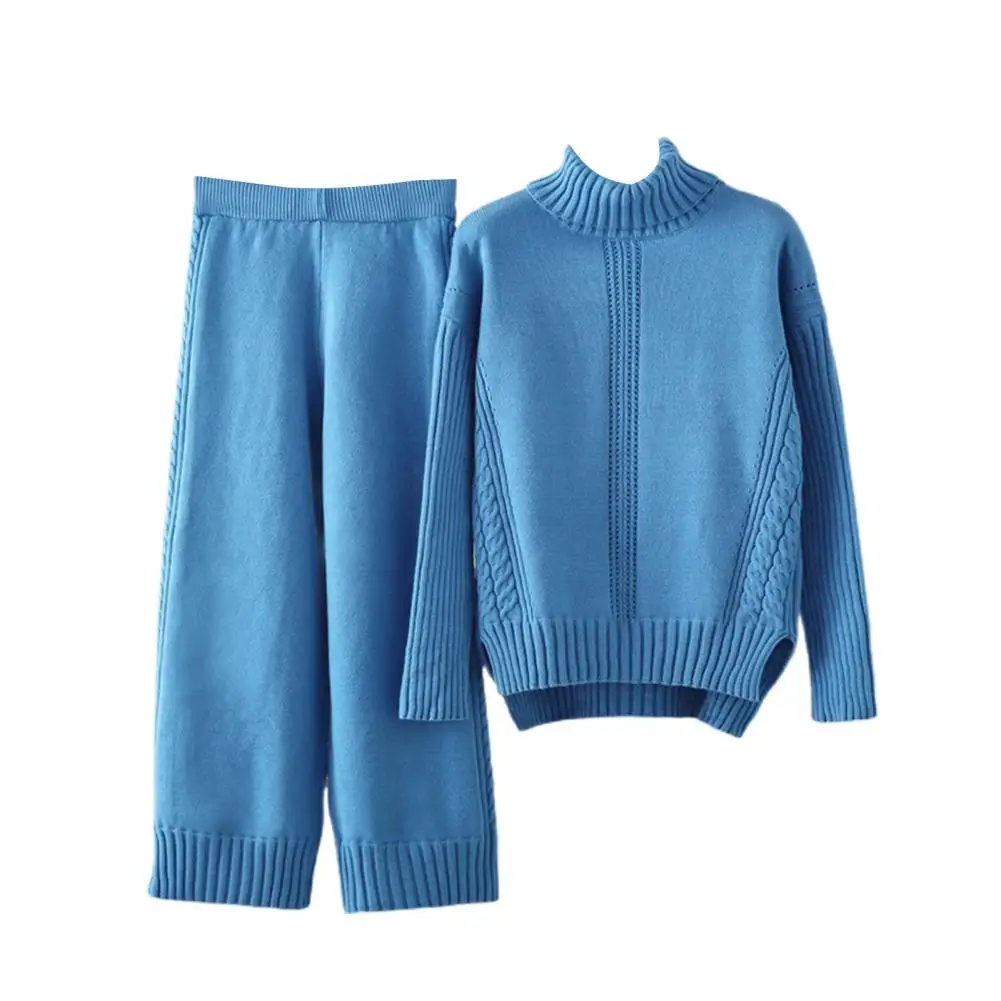 2pcs/set High Collar Sweater Pants Suit Solid Color Pullover Two Pieces ...