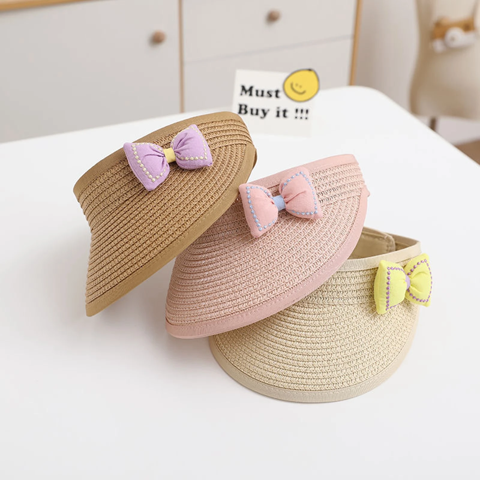 Mildsown Kid Girls Straw Hat Soft Cute Bowknot Wide Brim Empty Top Sun Hat with Bow-knot Foldable Summer Beach Cap