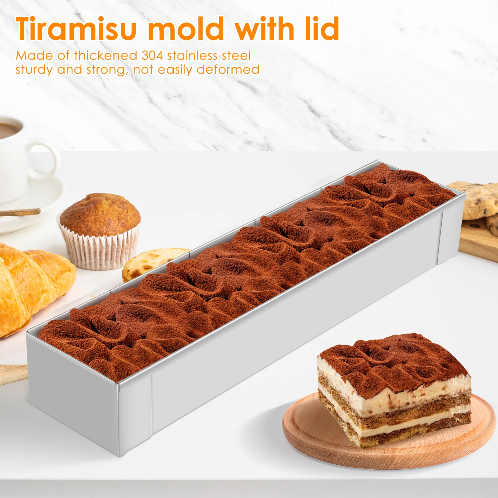 Rectangle Tiramisu Mold Cake Pan with Lid Stainless Steel Long Cake Baking Pan Removable Mousse Mold for Tiramisu Mousse Cake