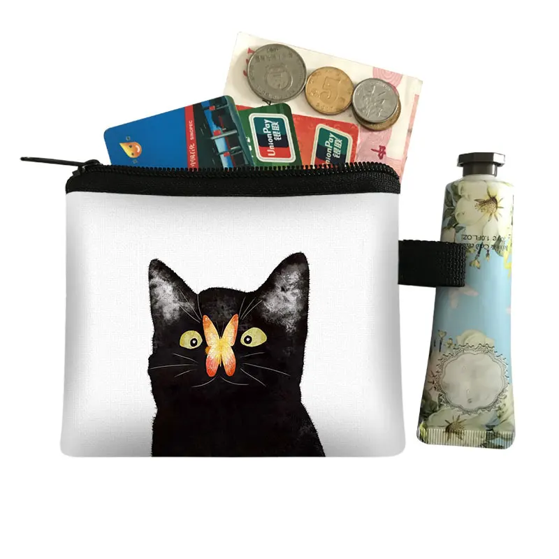 Designer Black Cat Print Mini Wallet - Cute Coin Purse & Portable ID Card Holder