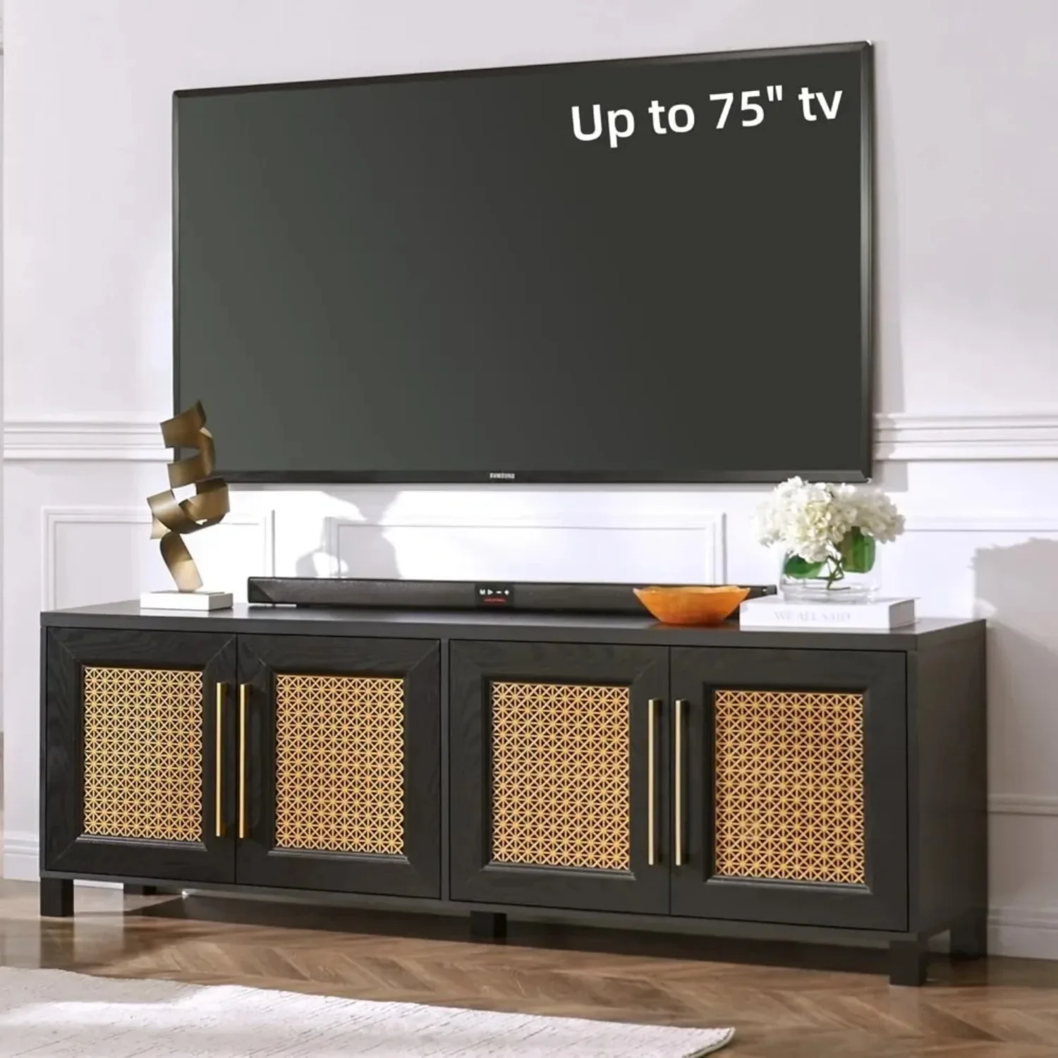 Mid Century Modern TV Stand for TVs up to 75" Gold Hollow Metal Mesh Decorated Boho TV Console with Storage Cabinets