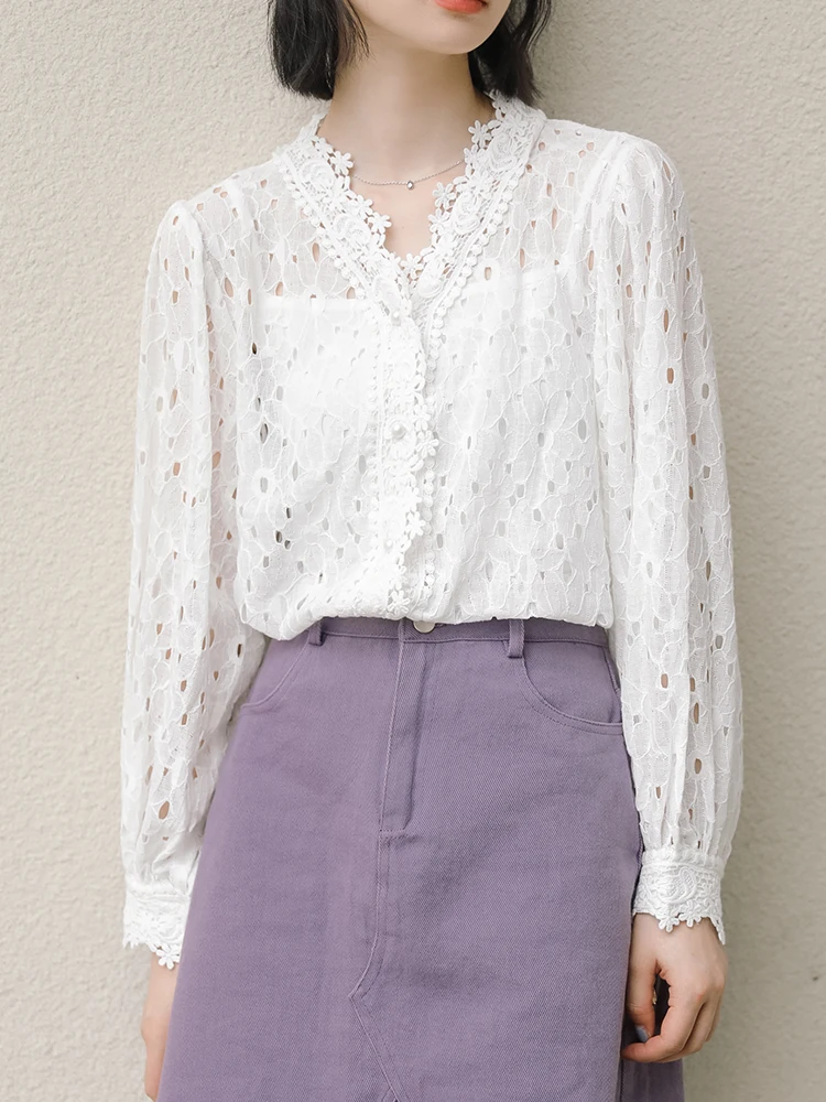 QOERLIN 2024 Fall White Shirts Lace Hollow Out V-Neck Long Sleeve Korean Fashion Button Down White Blouse Female Loose Tops