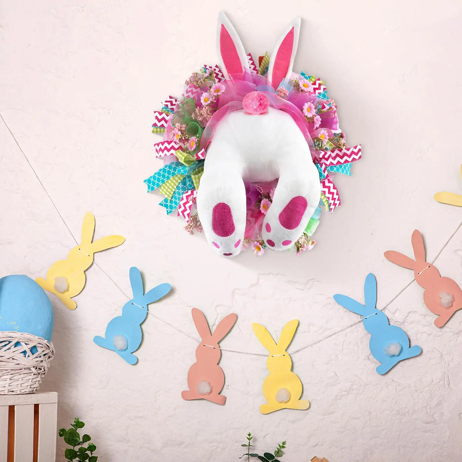 Bunny Butt and Ears Wreath Kit Fabric Artificial Wreath Supplies for Easter Holiday Front Door and Wall Decoration