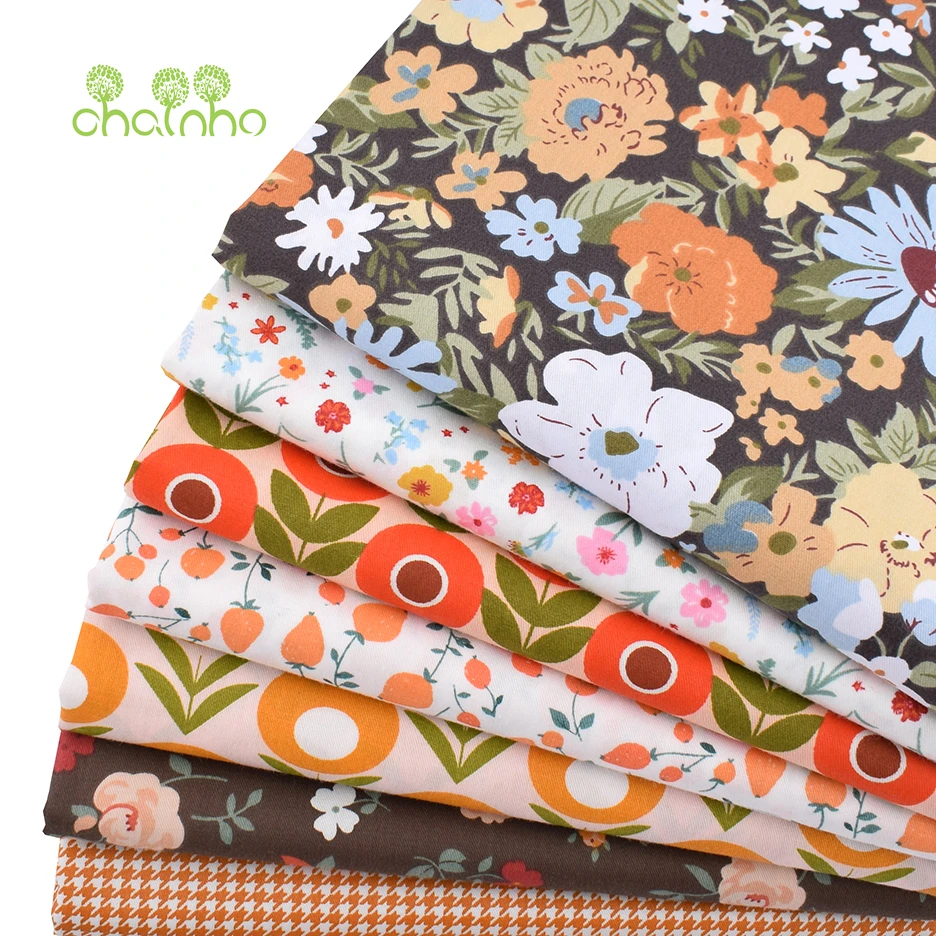 Chainho,Orange Floral Printed Twill Cotton Fabric,Patchwork Clothes,DIY Sewing Quilting Home Textiles Material For Baby&Children