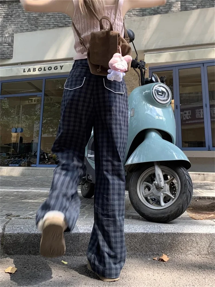 

QWEEK Korean Fashion Checked Pants Women 90s Vintage Y2K Plaid Trousers Oversized Button Fly Harajuku Retro Basic Pantalones