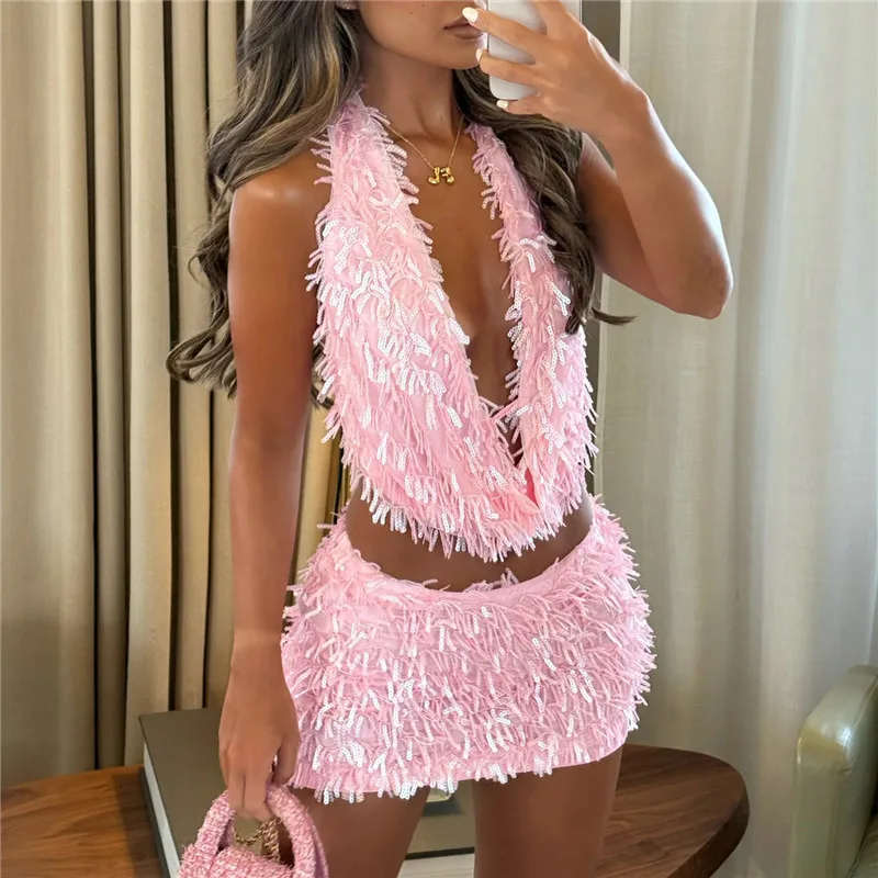 Y2K Sequin Tassels Mini Skirt Sets For Women Backless Sleeveless Halter Vest Tops Mini Skirts 2 Pieces Suits Summer Holiday Sets 6