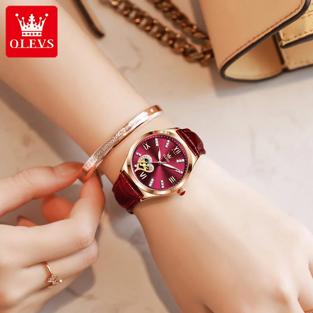 OLEVS Automatic Mechanical Watch for Women Diamond Love Dial Waterproof Luminous Leather Strap Fashion Elegant Ladies Wristwatch