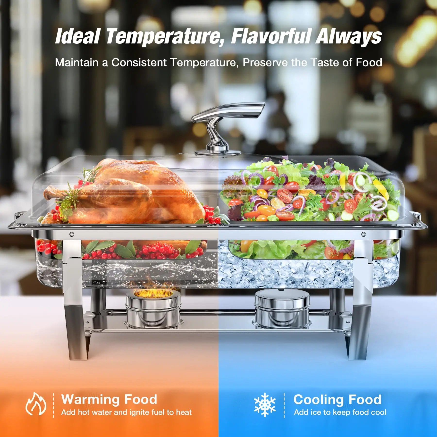 Stainless Steel Chafing Dishes Set with Foldable Glass Lid for Buffet