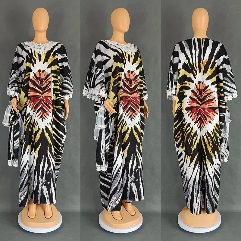 African Dresses for Women Muslim Fashion Lace Boubou Dashiki Traditional Africa Clothes Ankara Outfits Evening Gown with Headtie