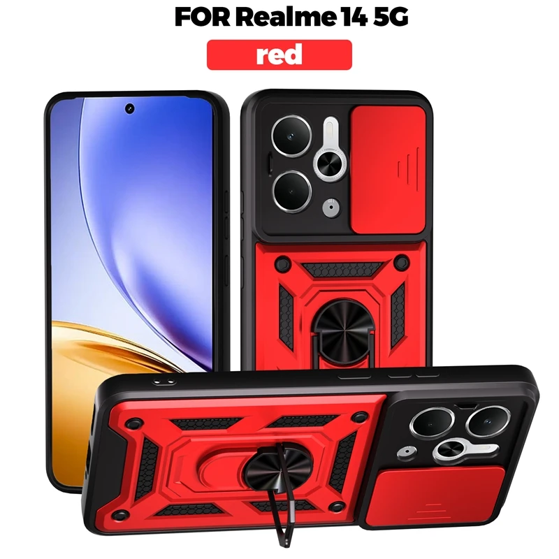 Enhanced Slide Camera Protection Phone Case with Magnetic Ring Holder and Armor Back Cover