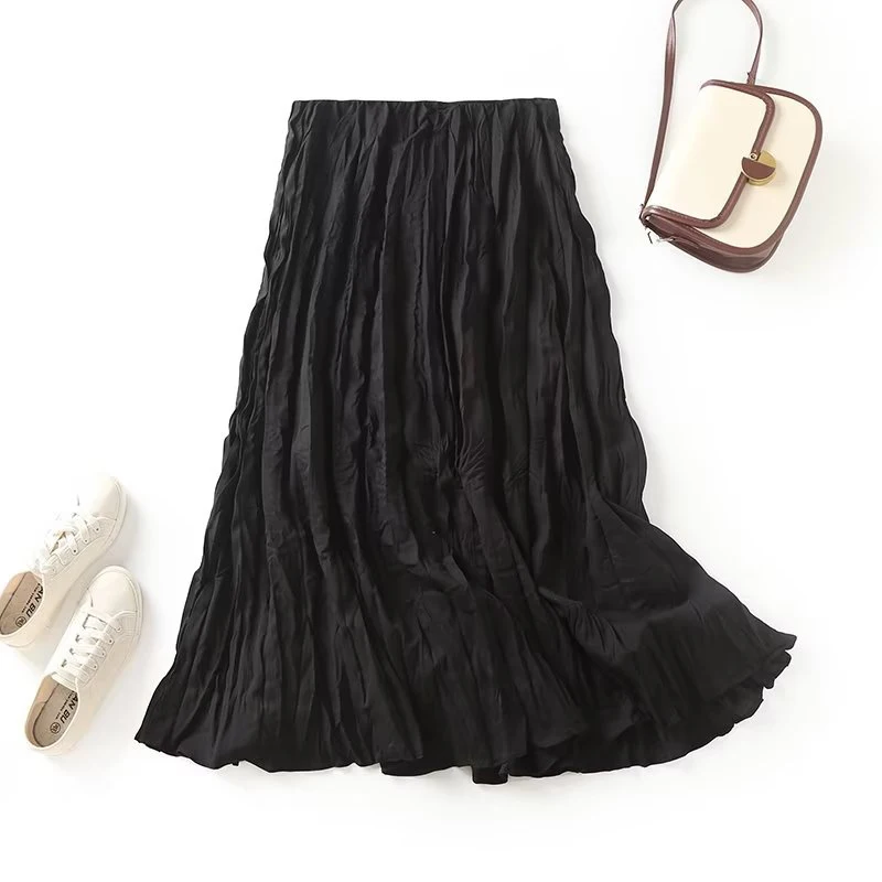 

Летняя женская винтажная офисная черная плиссированная юбка миди с высокой талией