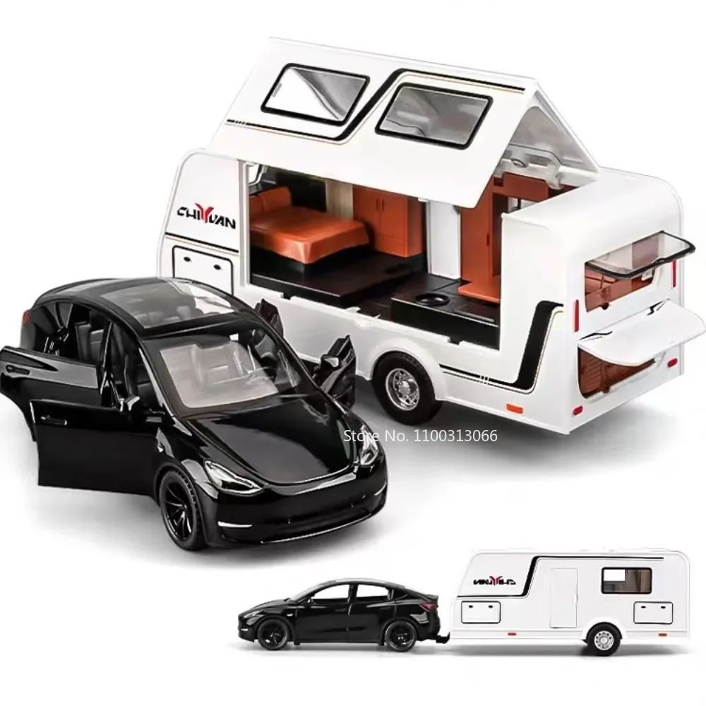 

1:32 Tesla Model Y Alloy Model Car Toy Diecast Metal Trailer RV Model Car with Light Sound Function Vehicle Model for Boys Gifts