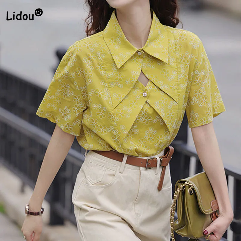 

Vintage Chic Polo-Neck Floral Printed Shirt Women's Clothing Summer New Korean All-match Hollow Out Spliced Blouse for Female