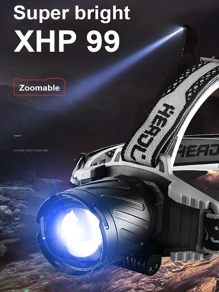 Head Flashlight 100000 Lumens Rechargeable XHP99 4 Modes 270&deg; Adjustable Zoomable LED