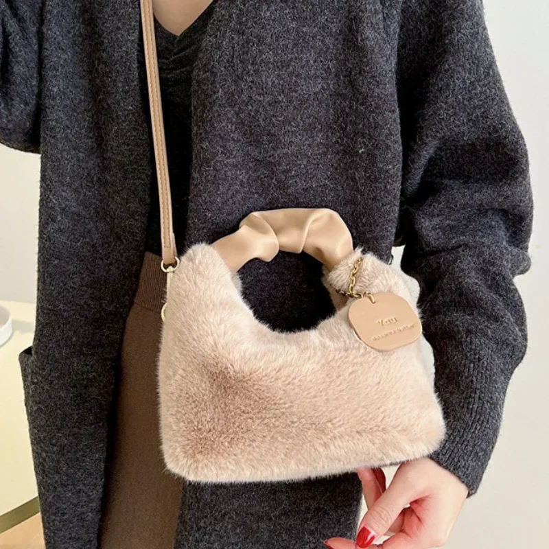 Women Faux Fur Plush Handbags Ruched Handle Small Lady Shoulder Crossbody Bag Casual Tote Half-Moon Hobos Winter Bags for Women - Image 2