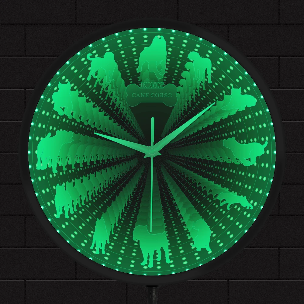 Cane Corso Italiano Puppy Dog Led Infinity Mirror Orologio Da Parete Per Ufficio Veterinario Razza Italiana Hunter Tunnel Light Clock Glow In Dark