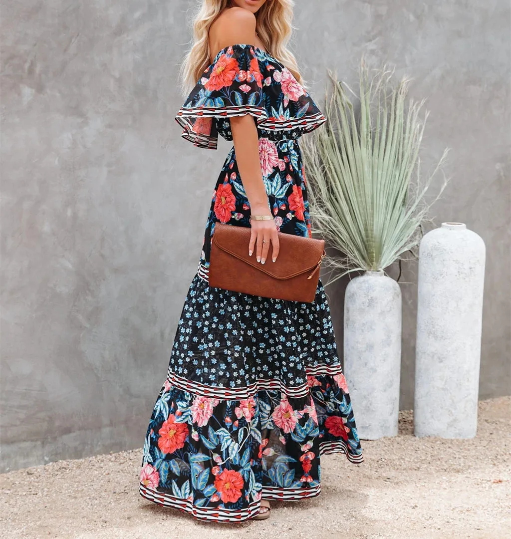 Flower Print Off Shoulder Long Dresses For Women Spring Summer New Fashion Temperament High Waist Leace-up Dress Female Vestidos 47 undefined