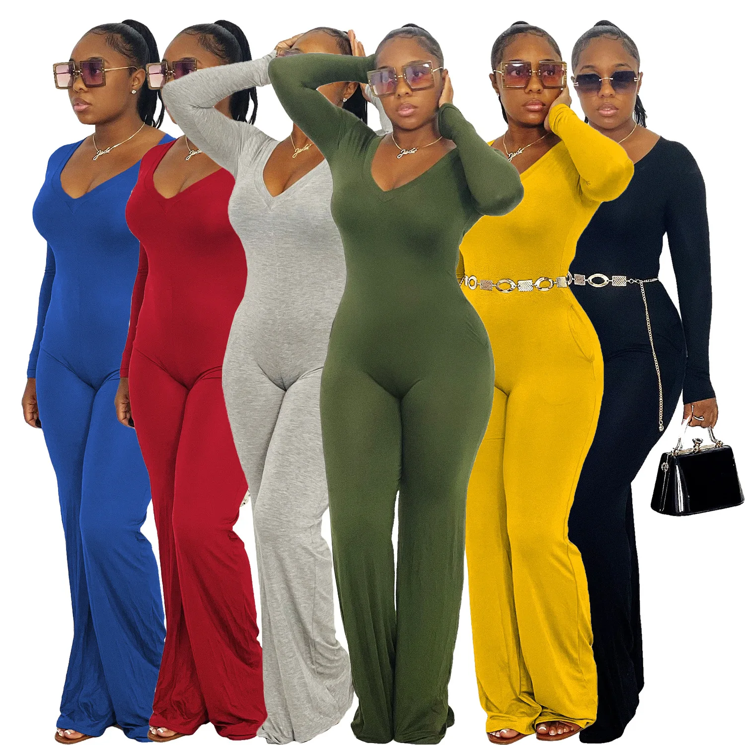 34AL191 Autumn Women Casual Fashion Solid Sexy Flared Pants Skinny V-neck Sexy Long Sleeves Jumpsuit Playsuit Rompers