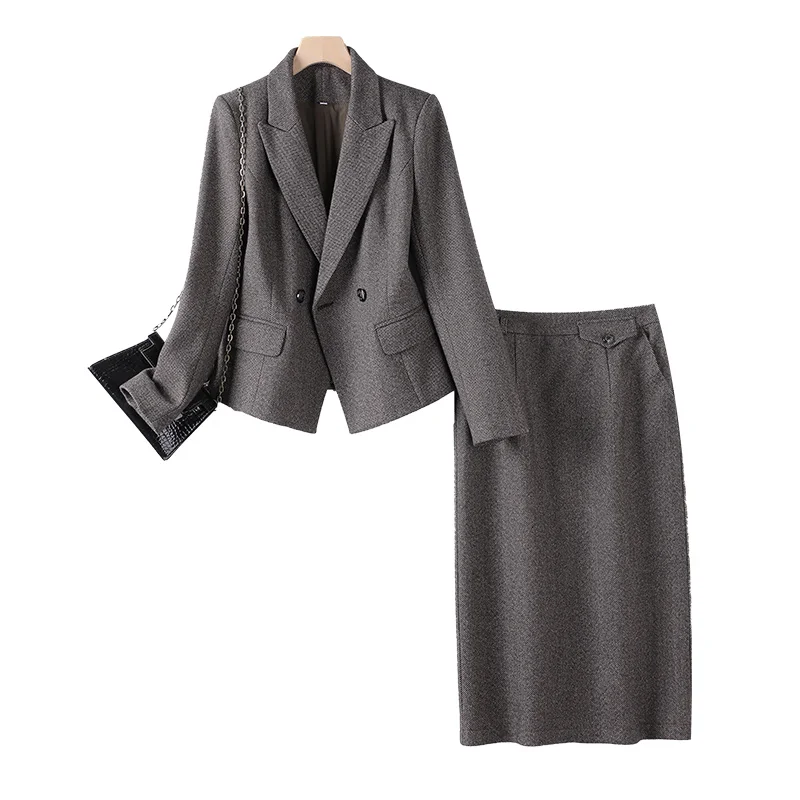 Winter Solid Woolen Businesss Slim Formal Office Lady Blazer Tops + Zipper Midi Split Skirt Women 2pcs Sets Elegant Quality Suit 6