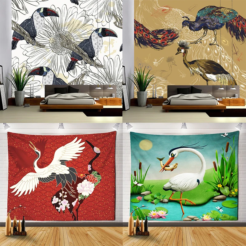 

Wall Hanging Painting Watercolor Flying Crane Flower Jungle Tapestry Dormitory Bedroom Can Be Customized