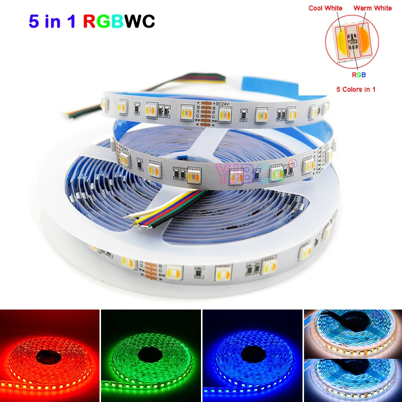 

DC 12V 24V 5m RGBCCT 5 in 1 LED Strip SMD 5050 60 96 LED/m RGB+CW/WW RGBWC Color Temperature tape Ribbon light high brightness