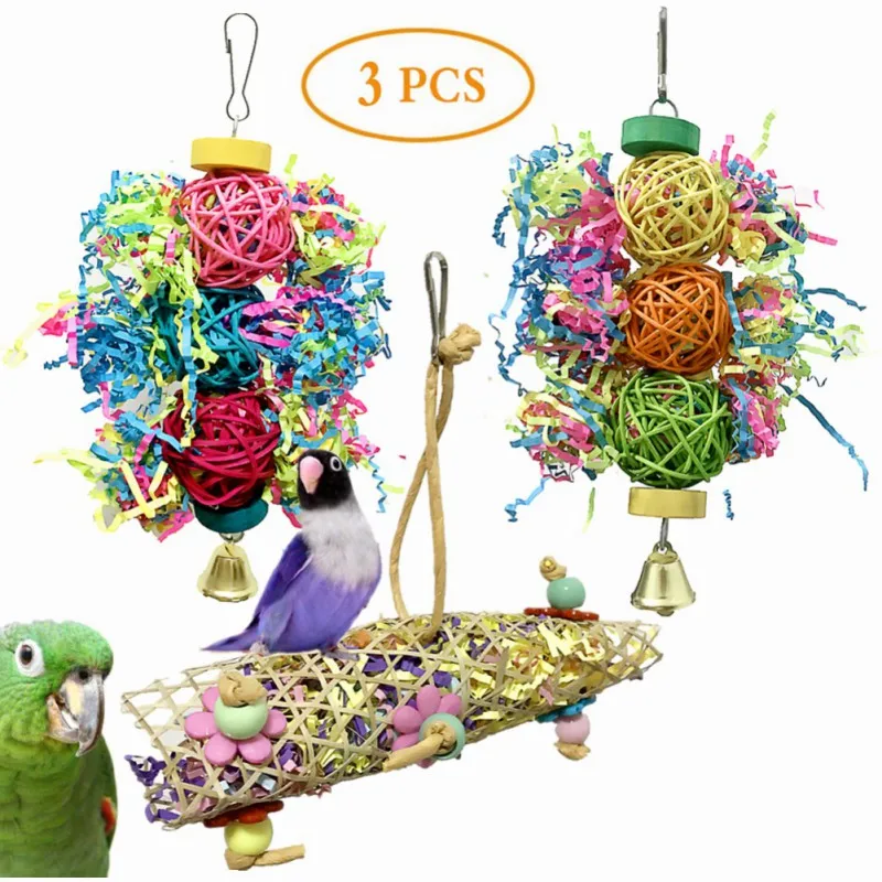 

3Pcs Set Bird Shredding Toys Parakeet Rattan Balls Chewing Foraging Parrot Toy Cage Accessories for Small Medium Birds Cockatiel